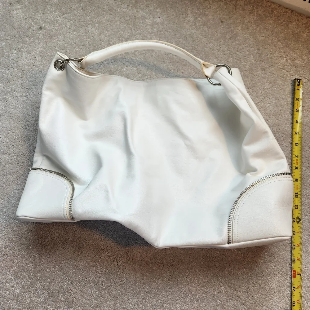 Express White Handbag with Silver Zipper Details, Snap Closure